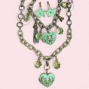Green Heart Locket Charm Necklace Set - Women Jewelry